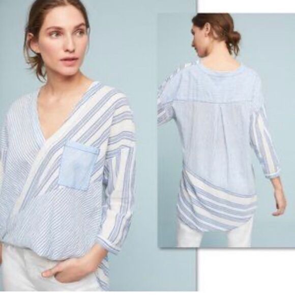Anthropologie Holding Horses Blue Zeni striped high low cotton shirt Medium - Picture 6 of 6